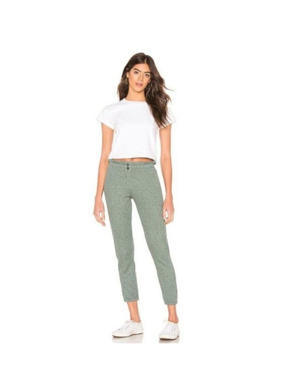 Monrow Cactus Green Waffle-Knit Ruffle-Waist Pants